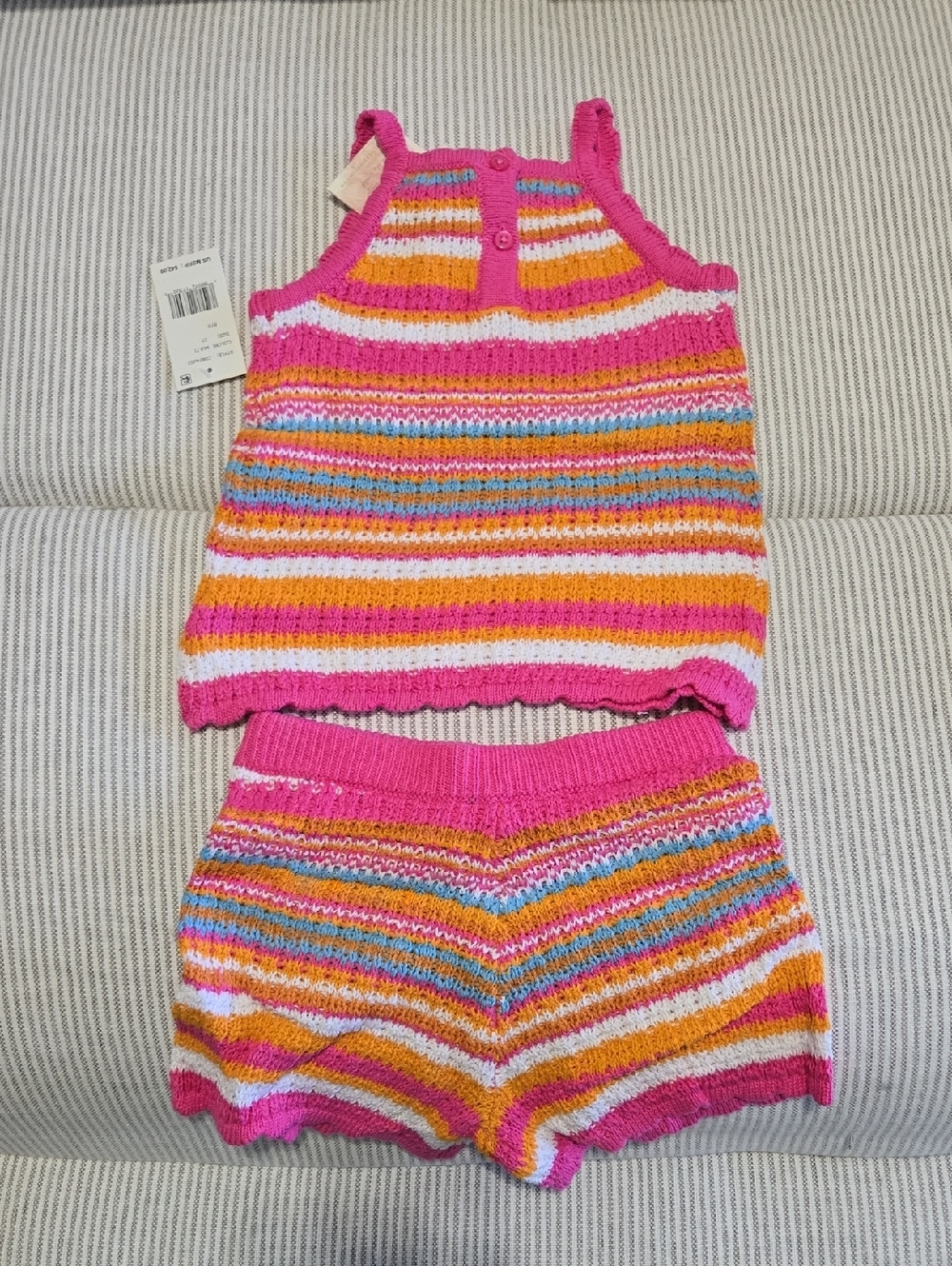 Toddler Girls 2T Striped Knit Tank & Shorts Set — Pink, Orange, White, Blue NWT